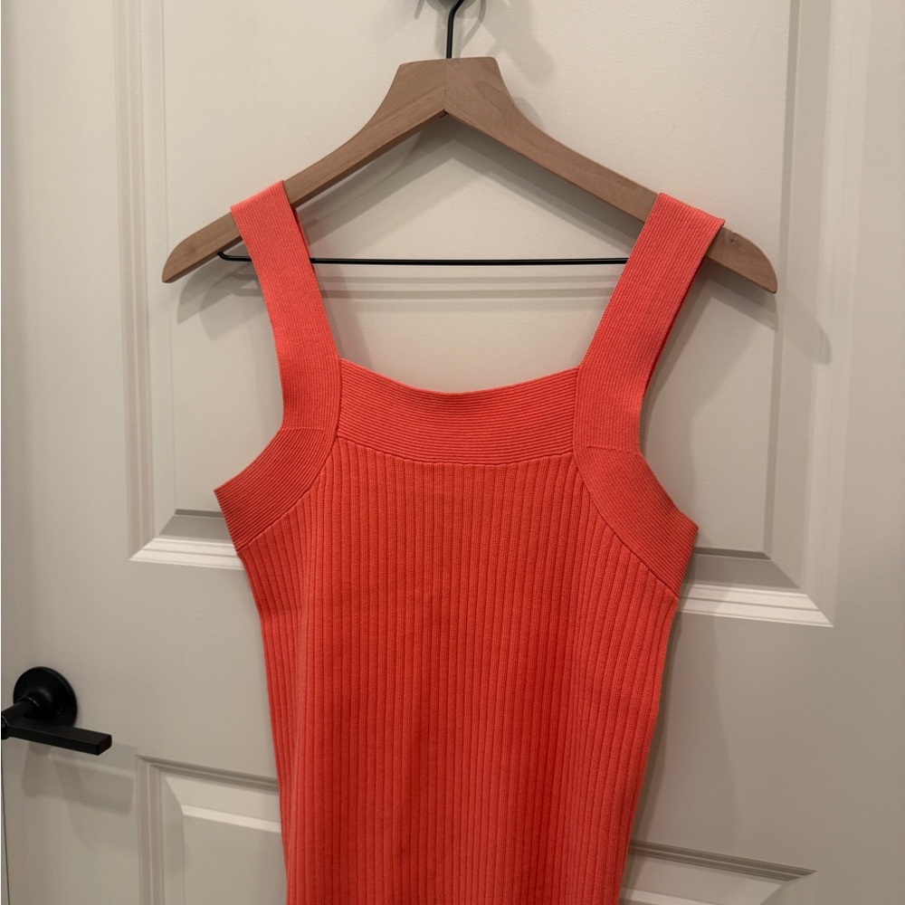 Ann Taylor Ribbed Square-Neck Tank Dress in Bright Coral-Orange